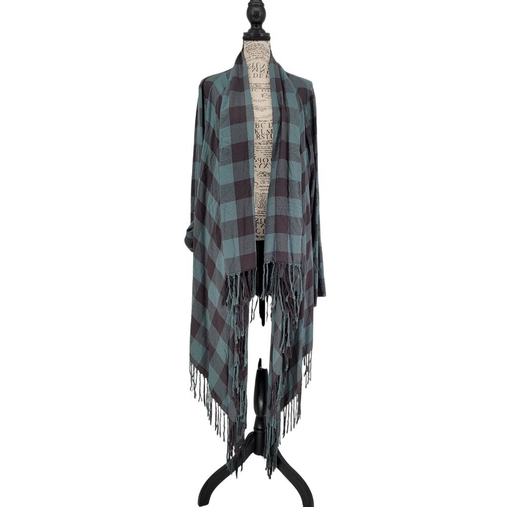 Harley-Davidson XL Fringe Shawl Wrap Green Black Buffalo Plaid Boho Biker Cozy